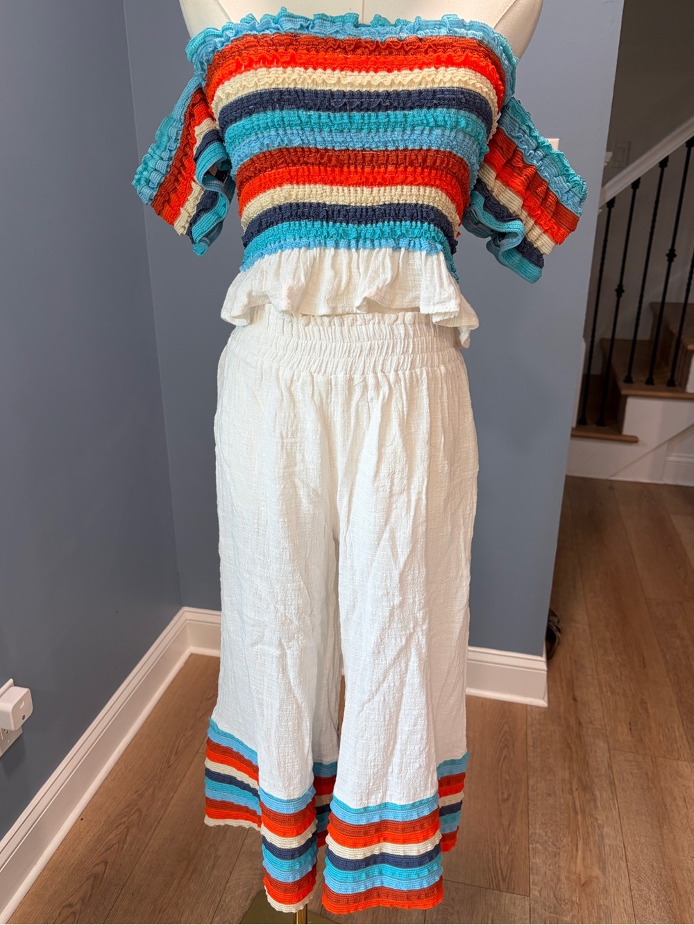 Surf Gypsy Off Shoulder Smocked Crop Top & Gauze Wide Leg Pants Set Small